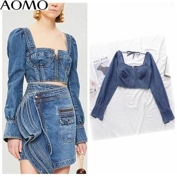 

AOMO women retro solid crop blouse backless zipper long sleeve 2020 new arrival chic female sexy slim shirt tops 1D304A
