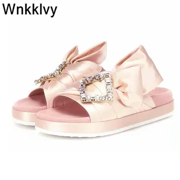 

Flat heel flipflops crystal decor slippers clip on lazy mules simple sandas satin silk big bow knot summer shoes women slides