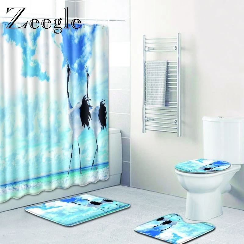 Zeegle Bath Mat Set with Waterproof Curtain Non Slip Bathroom Doormat Toilet Seat Cover Mat Polyester Toilet Pedestal Toilet Set