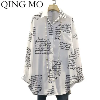 

QING MO Black White Women Chiffon Blouse 2020 Women Letter Printed Blouse Female Full Sleeve Loose Blouse ZQY5066