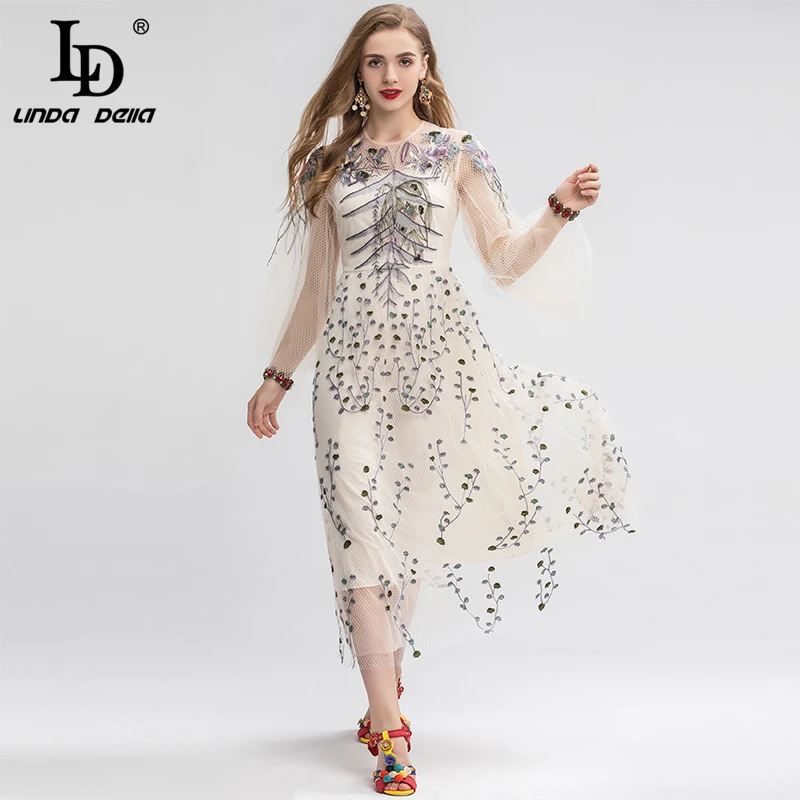

LD LINDA DELLA 2020 Spring Fashion Runway Vintage Long Dress Women's Overlay Mesh Flower Embroidery Elegant Party Dresses