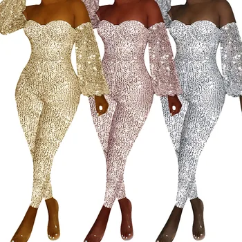 

2019 new arrival sexy women causal polyester women long sleeve plus size sequined long jumpsuit