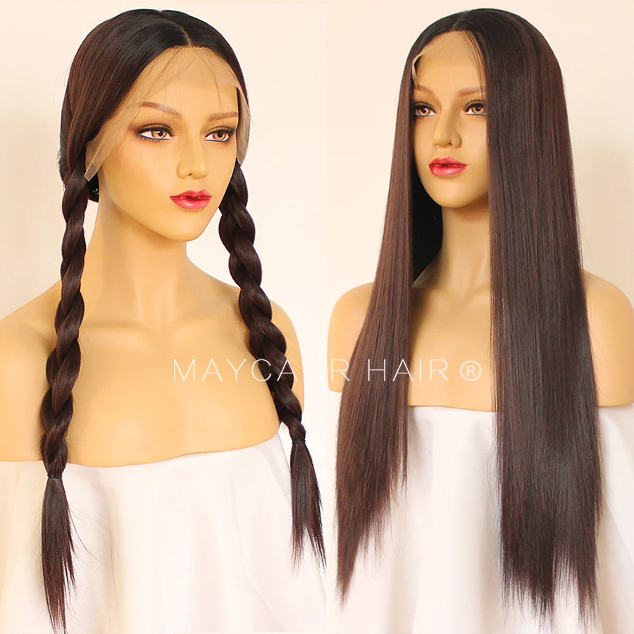 Maycaur Long Straight Wigs with Natural Baby Hair Synthetic Lace Front Wigs for Black Women Glueless Black Brown Ombre Color Wig (1)