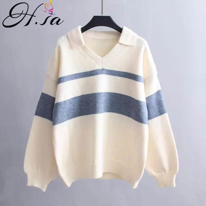 

H.SA 2019 Women Winter Chic Pullover and Sweaters V neck Turn Down Collar Khaki Beige Knit Jumpers Harajuku Striped Pull Sweater