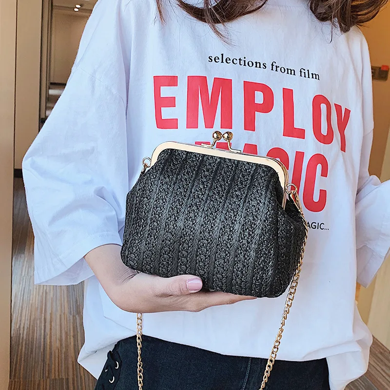 

2019 New Style Summer Shell-Type Straw Bag Iron Clamp Mouth Solid Color One-Shoulder Oblique WOMEN'S Bag