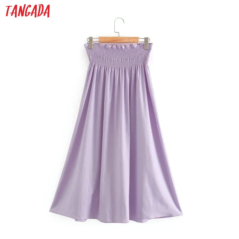 Tangada women lavender high waist midi skirt button decorate vintage office ladies elegant chic mid calf skirts 2XN65