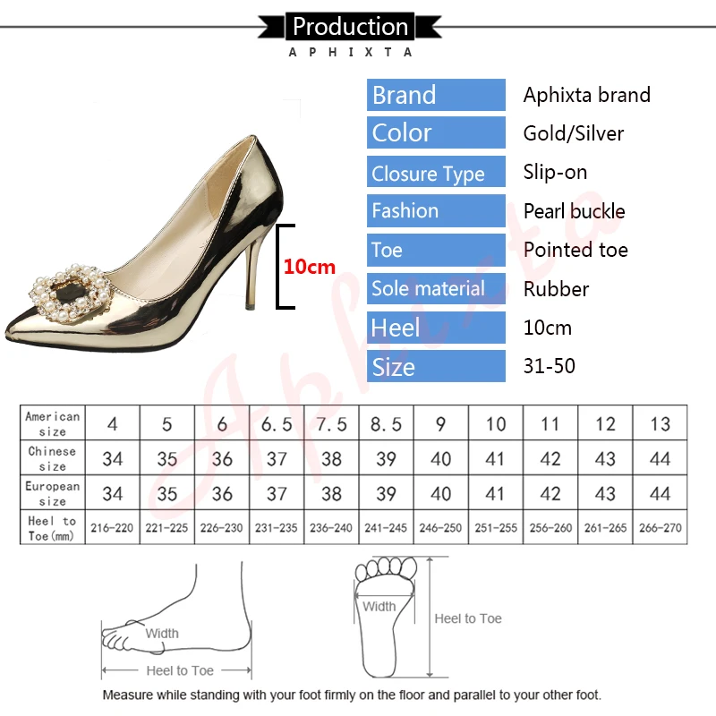 Aphixta Luxury Pearl Buckle Pumps Women 10cm Thin Heels Crystals Bling Patent Leather Office Casual Shoes Big Size 50