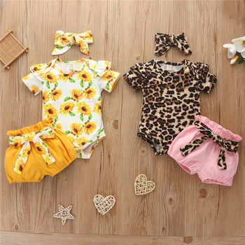 

Summer Floral Print Rompers Newborn Infant Baby Girls Outfit 3PCS Sunflower Romper+Shorts+Handband Jumpsuit Kids Leopard Clothes