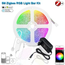 Zigbee rgb controlador 1-10m dc12v rgb 5050 60leds/m rgb led luz de tira + kit de energia com zigbee 3.0 smartthings hue-b eco mais