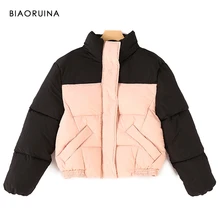 BIAORUINA Women's Pink&Black Thick Keep Warm Short Parkas Stand Collar Female Casual Winter Jacket Fashion Outerwear