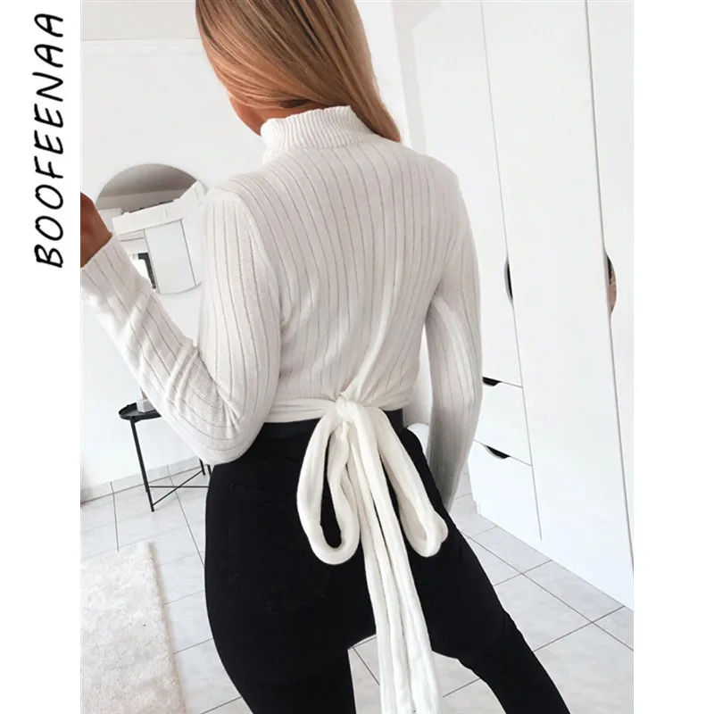 BOOFEENAA, сексуальный вязаный свитер, пуловер для женщин, зимний, с галстуком-бабочкой сзади, водолазка, с длинным рукавом, топы, для отдыха, для девушек, трикотаж, C34-AA39