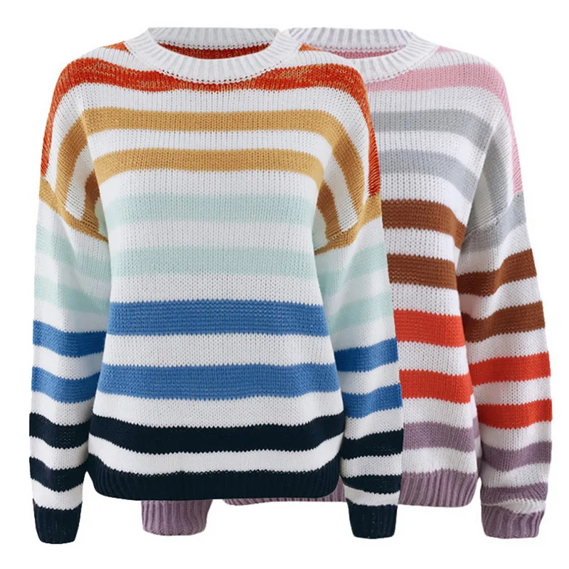 Heflashor Fashion Women's Rainbow Striped Long Sleeve Knitted Sweater Top Cover Up Ladies Casual Loose Round Neck Knitwear