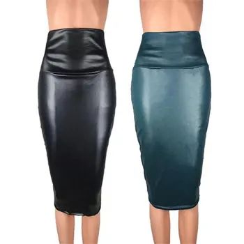 

2020 Women Fashion Pencil Skirt Knee-length Ladies Imitation Leather High Waist Skirts Black Female Party Sexy Dress Up Clothes