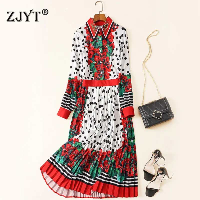 

2020 Spring New Fashion Runway Dress Women Elegant Long Sleeve Turn Down Neck Beading Floral Dot Print Midi Pleated Dresses