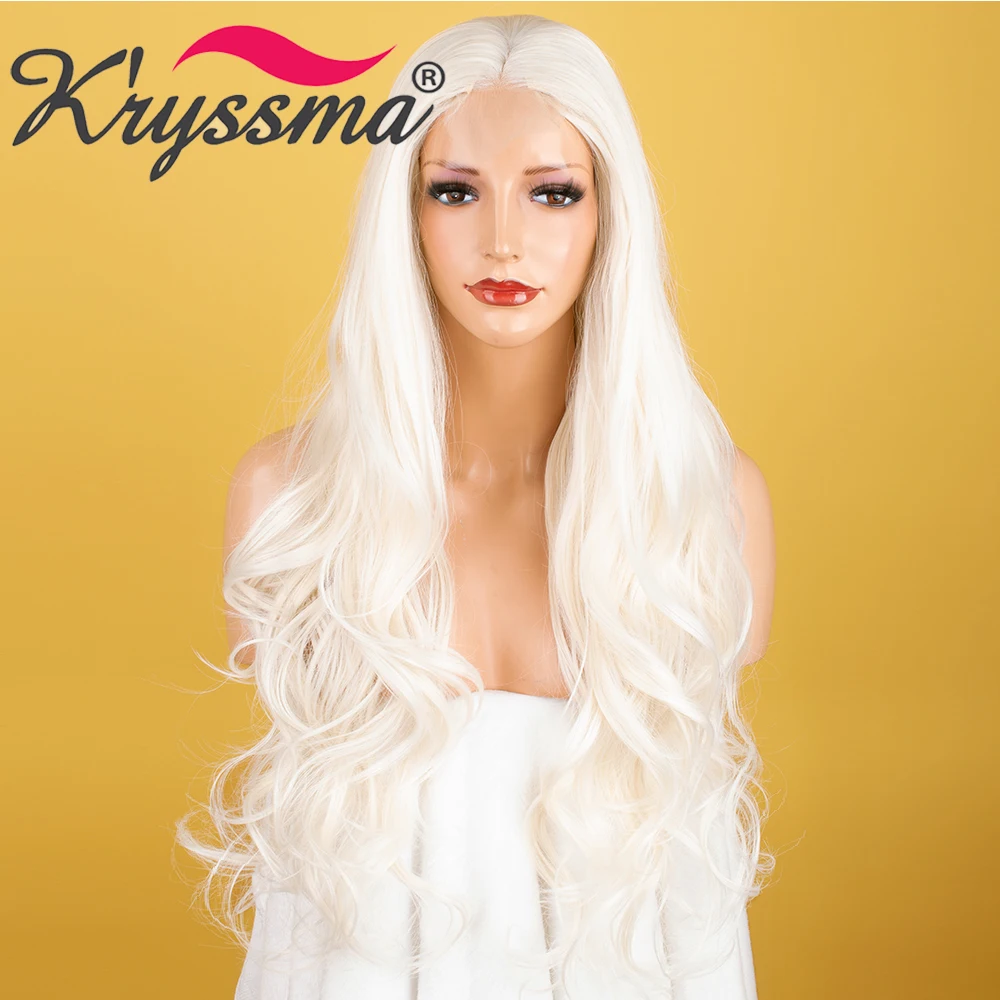 Kryssma 13x3 Кружева Волнистые длинные белые парики синтетические кружева передние парики средняя часть косплей парики для черных женщин Кружева передние парики