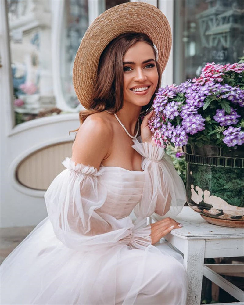 Short Beach Princess Wedding Dresses Strapless Puffy Sleeves Simple  Tea Length Tulle Bridel Gowns vestidos de noiva
