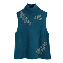 

Women Beading Decoration Turtleneck Knitted Short Sweater Female Pullover Casual Lady Loose Tops SW1558