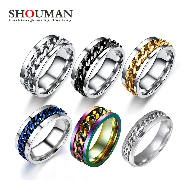 SHOUMAN Spinner clásico cadena hombres anillos de acero inoxidable giratorio 8mm 6mm de ancho, anillos de moda para hombres mujeres regalo de fiesta, joyería