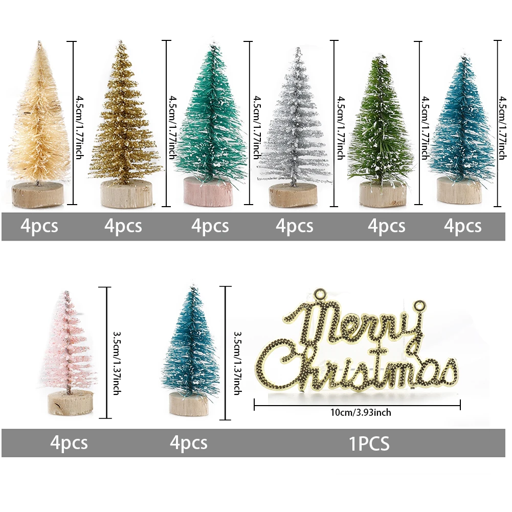 33Pcs Fake Pine Tree Small DIY Christmas Tree Mini Sisal Bottle Brush Christmas Tree Santa Snow Frost Village House Decoration