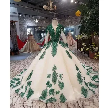 

BGW 22614ht Light Champagne Party Dress Women With Green Lace Flowers Evening Dress Long V-neck Women Occasion Dresses Ball Gown