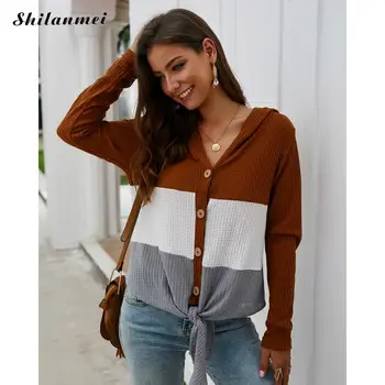 

Autumn Women Sweater V Neck Knitted Cardigan Patchwork Fashion Streetwear Long Sleeve Female Causal Lace Up Sweater Jacket Coats