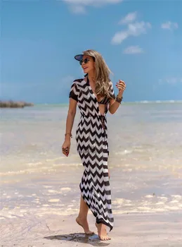 

Summer Swimming Beach Cover Ups Holiday Women Knitted Striped Long Dress