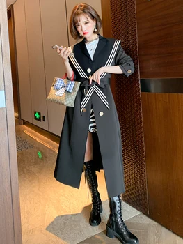 

Contrast layering college style suit collar bow tie mid-length windbreaker jacket women's 2020 autumn and winter new