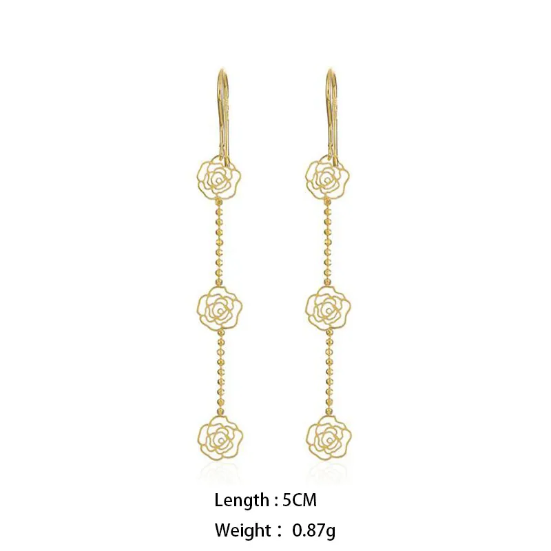 Classic Temperament Golden Rose Flower Pendant Earrings Jewelry Vintage Metal Hollow Carved Flower Earrings Accessories Gifts