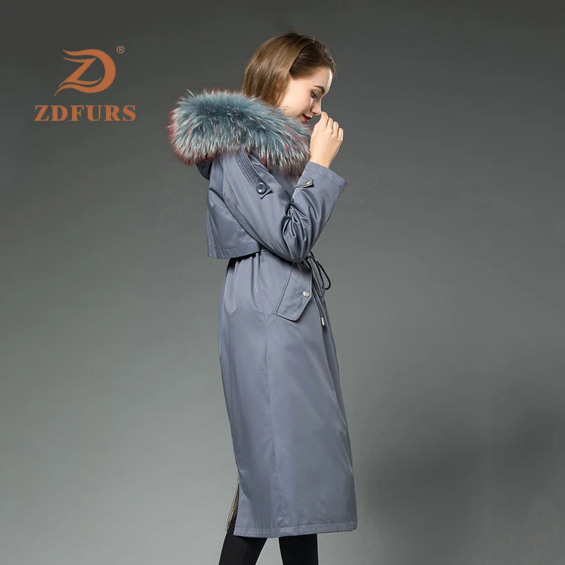 ZDFURS* Женская парка из меха кролика рекс с мехом енота с капюшоном зимний помпон из натурального меха длинная стильная ветрозащитная модная куртка