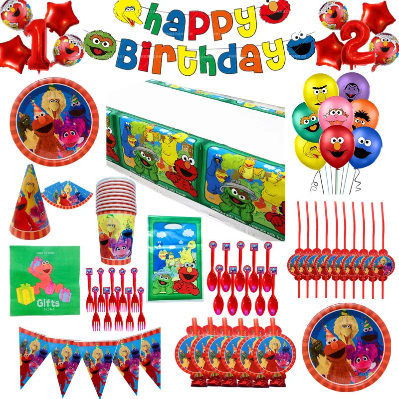 Suministros de Barrio Sésamo para fiestas, vajilla, pajitas de papel Elmo, platos, toallas de baño para bebés, decoraciones para fiesta de cumpleaños