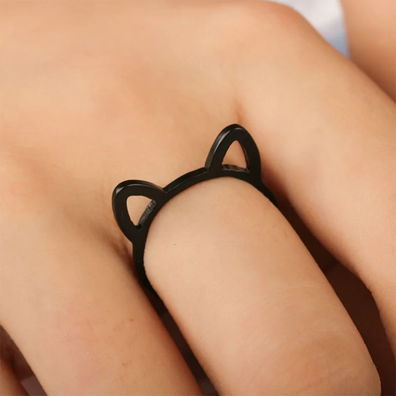 Очаровательное полое кольцо с кошачьими ушками для женщин, модные ювелирные изделия, массивные кольца с животными, Черное золото, простые кольца для пар