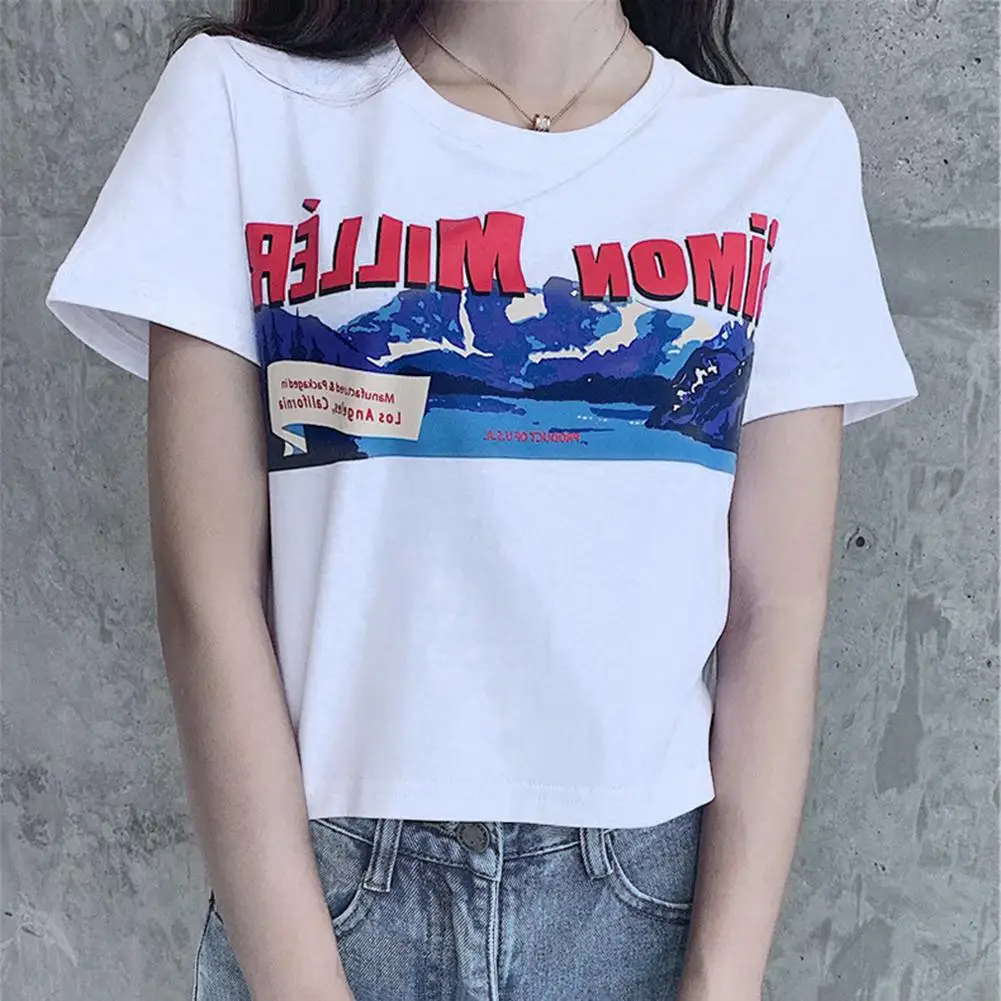 Женский короткий топ с коротким рукавом круглым вырезом и надписью|Футболки| |