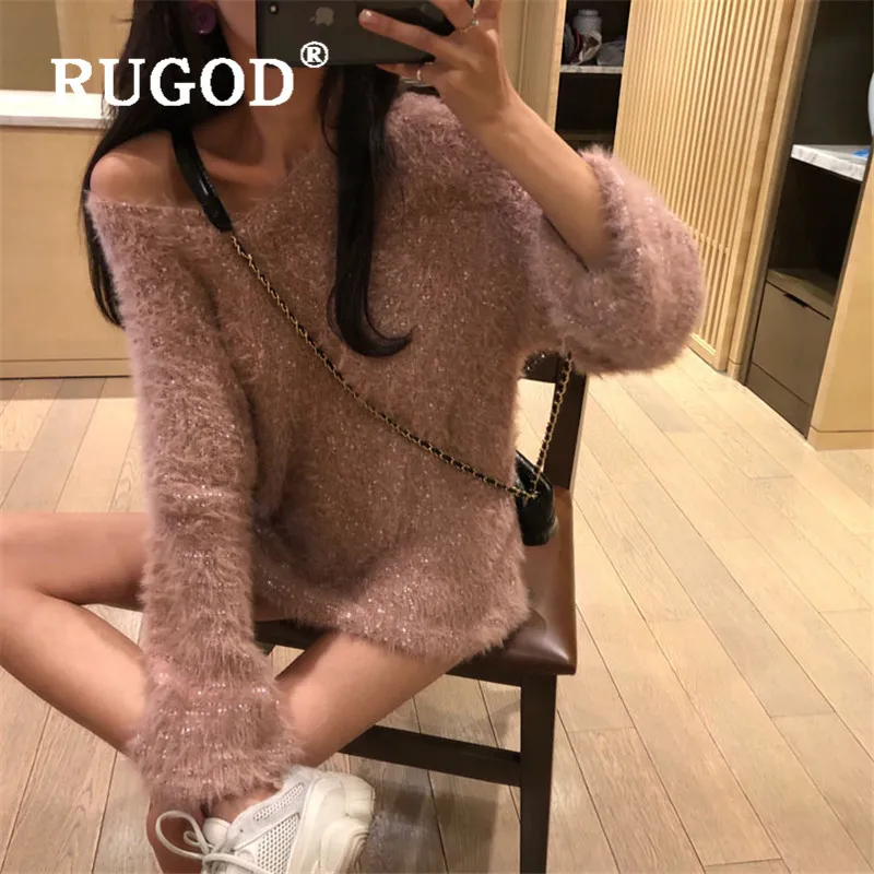 RUGOD длинный пушистый свитер с v-образным вырезом Элегантный пуловер Bling Jumpers Simplee размера плюс зимние топы для женщин корейский стиль Осень
