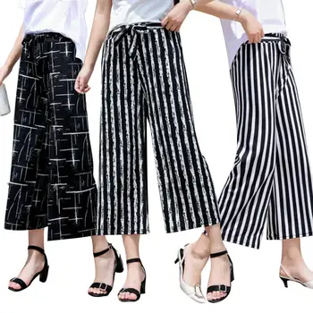 

Fashion Women Stripe Loose Straight Wide Leg Drawstring Pants Ninth Trousers