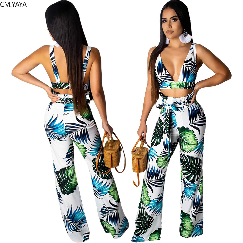 

2019 Summer Autumn Sleeveless Leaf Print Beach Women's set V-Neck top wide-leg pants suit two piece set tracksuit outfit GL5026