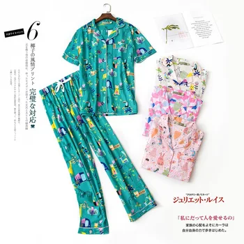 

Fashion Cartoon Print 100% Cotton Short-sleeved Button Shirt Trousers 2 Piece Women Pajamas Set 2020 Summer Pigiama Donna Cotone