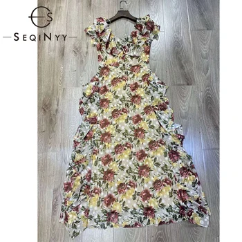 

SEQINYY Chiffon Dress 2020 Summer Spring New Fashion Design Women Ruffles Flowers Print Dot Jacquard Midi Vest Dress Runway
