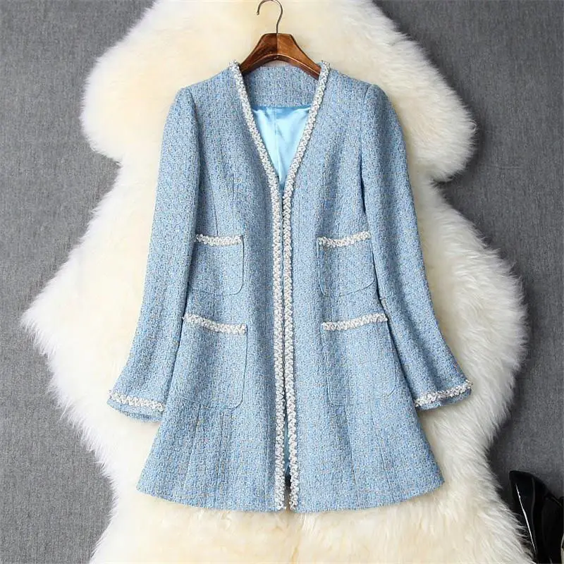 

High Quality Runway Winter Tweed Woolen Coats Plaid Women V Neck Luxury Beading Long Wool Blend Outerwear