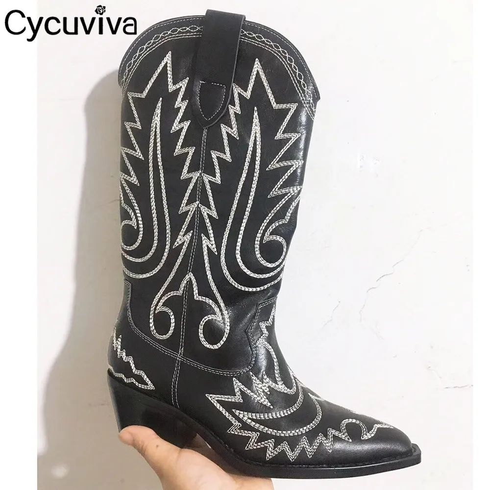 

Pointy toe Knee High boots for Women Chunky Heel Long Boots Designer Chelsea Boots Ladies Embroidered Leather Boots Winter Shoes