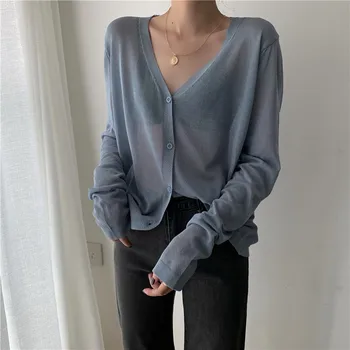 

Korean Style Cardigan V-neck Knitting Sweaters Women Casual Long Sleeve Sun Protection Thin Summer Tops