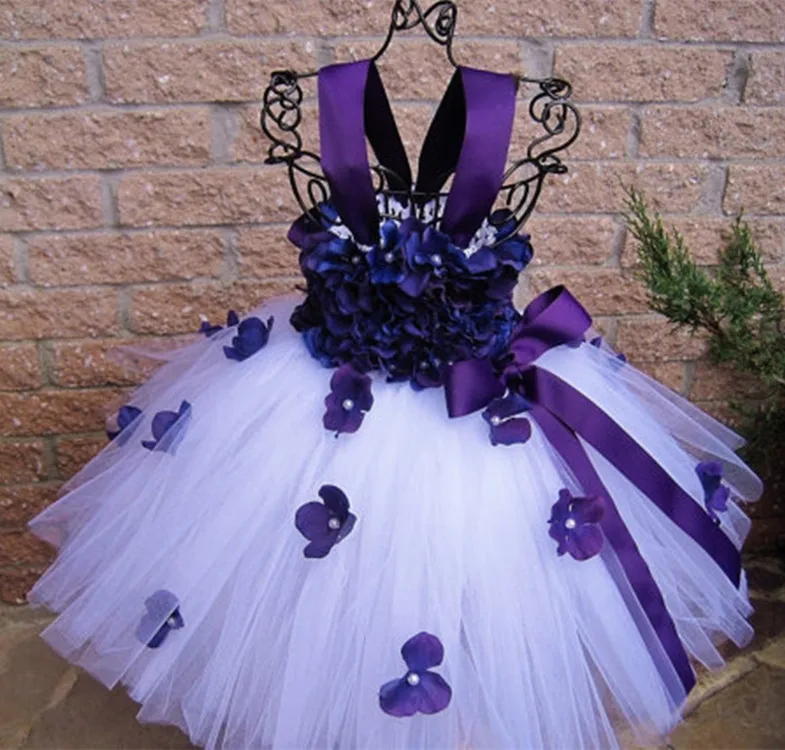 Girls White Tutu Dress Kids Tulle Dress Red Petals Flower Ribbon Bow Children Birthday Bridal Wedding Costume