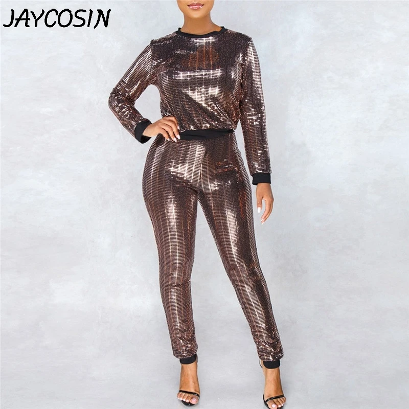 JAYCOSIN женский спортивный костюм с блестками, с длинным рукавом, с круглым вырезом, спортивные топы+ длинные штаны, комплект из 2 предметов, Осень-зима, сексуальные женские костюмы