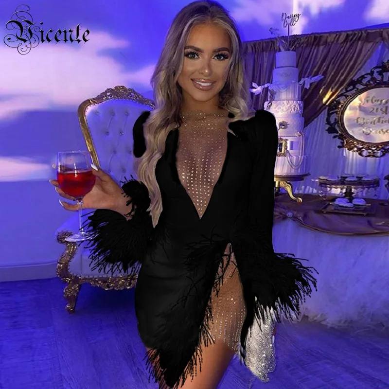 VC Бесплатная доставка женское облегающее платье сетчатый с перьями из кусков