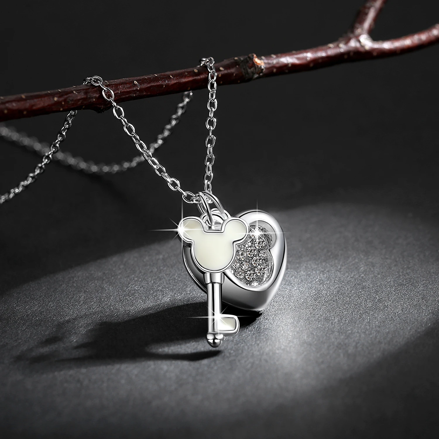 LOYE Love Heart Micky Key кулон ожерелье Блестящий Кристалл Циркон ключицы цепи ожерелье s для женщин девушек Ювелирное Украшение на день рождения - Окраска металла: Silver