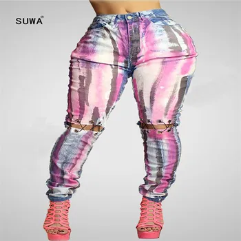 

Colorful Tie Dye Print Slim Pencil Trousers Hot Sale Vintage Streetwear Women Button Fly Pocket Hollow-out Bandage Long Pants