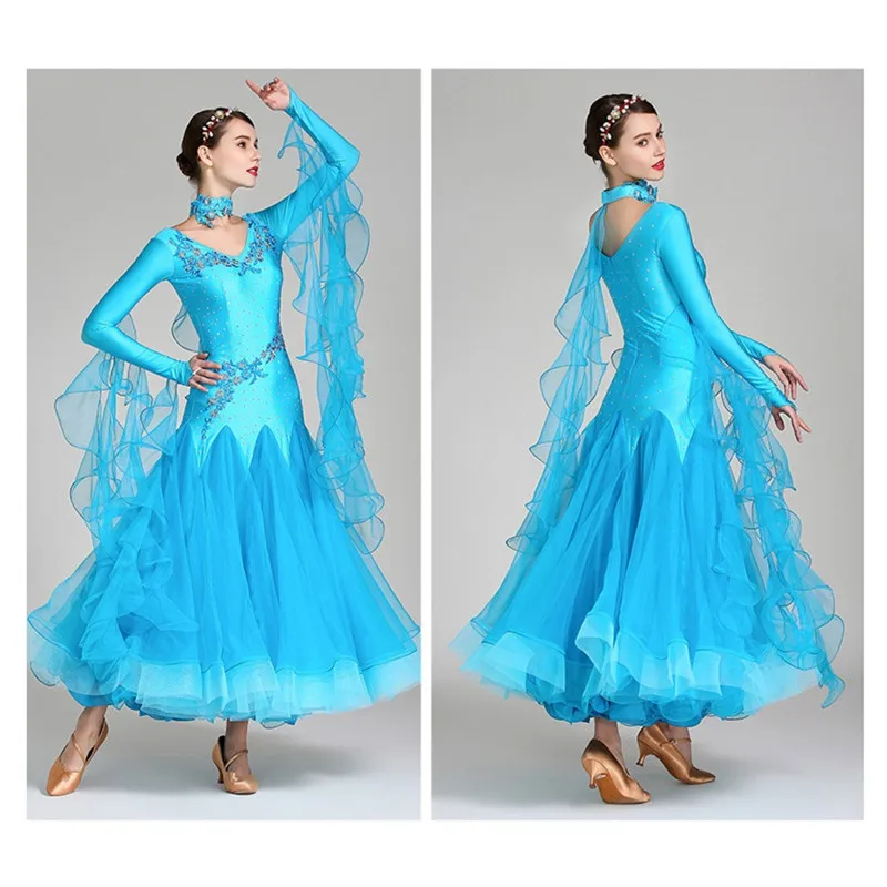 V Neck Sequins Elegant White Standard Ball Dress Waltz Dresses For Ballroom Dancing Foxtrot Dance Dress Dance Wear