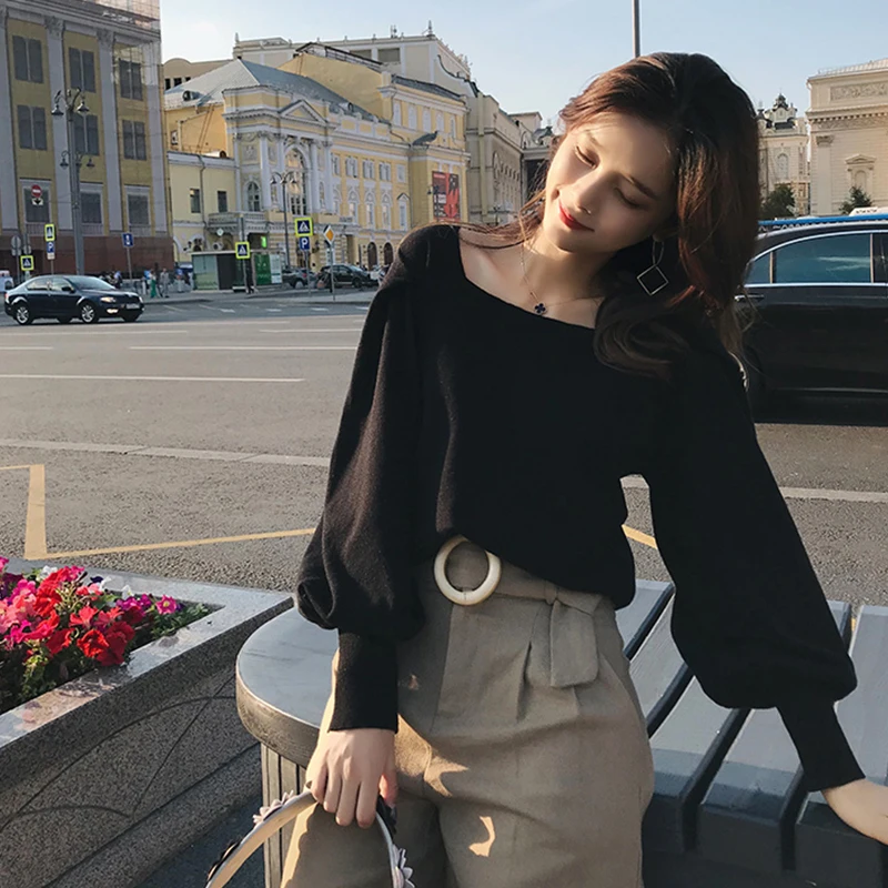 Kopen 2019 Mishow Herfst Vintage Gebreide Trui Voor Vrouwen Mode Causale Vierkante Kraag Lantaarn Mouw Korte Tops MX18C5196