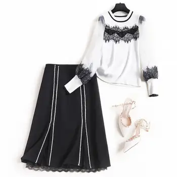 

Spring 2020 for European and American women's wear Long-sleeved lace patchwork knit sweater Beaded skirt Fashion suits