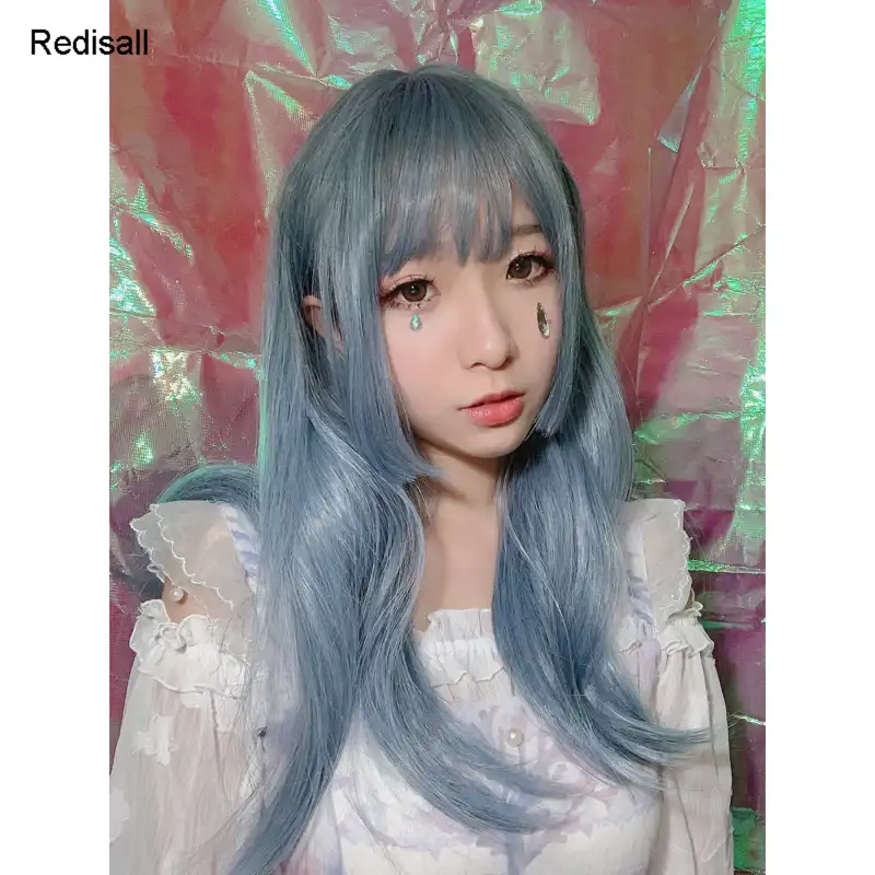 Mixed Blue Gray Harajuku Lolita Wig Sweet Long Straight Synthetic