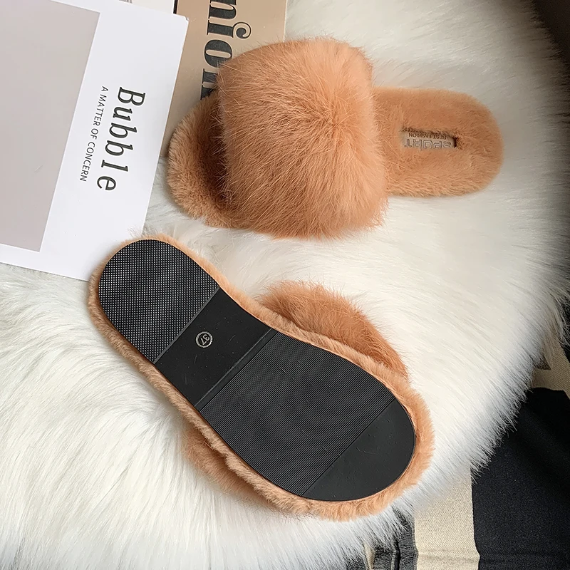 Hot Sale Women Slippers Fashion Fluffy Faux Fur Plush Slippers Women Spring Autumn Slides Flip Flops Flat Shoes 35-40 g754